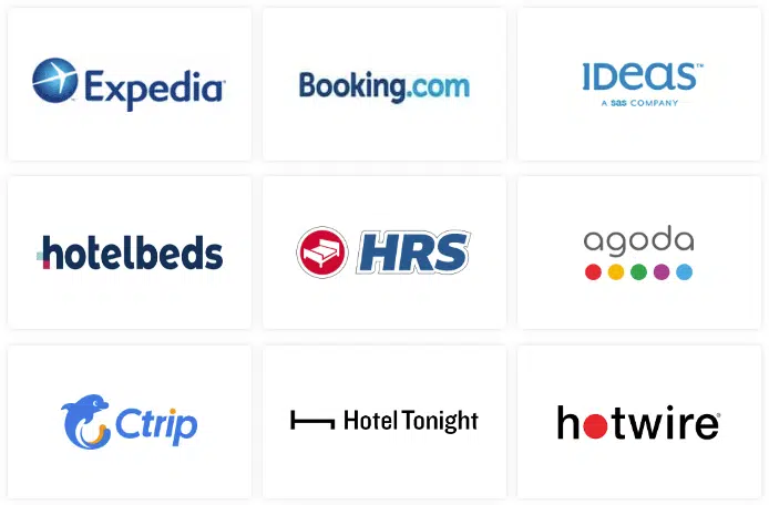 Logos de canales de reserva, entre ellos Expedia, Booking.com, Agoda, Hotelbeds y HRS