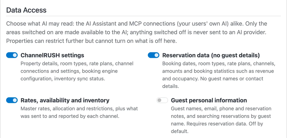 Configuración de IA: acceso a datos activado o desactivado por área, con la información personal de huéspedes desactivada