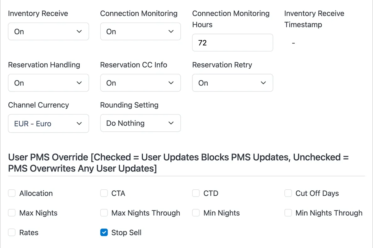 Configuración del canal PMS: monitoreo de conexión tras 72 horas, reintento de reservas, moneda del canal y User PMS Override
