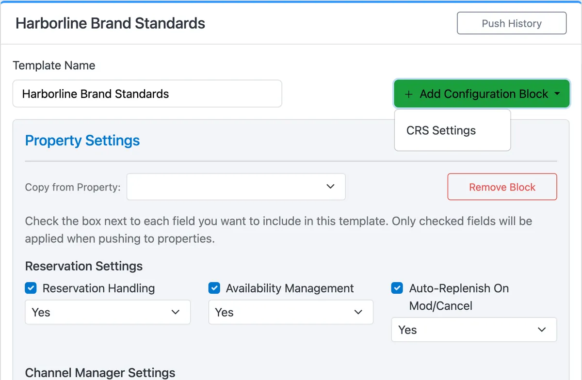 La plantilla de organización Harborline Brand Standards con el menú Add Configuration Block abierto en CRS Settings