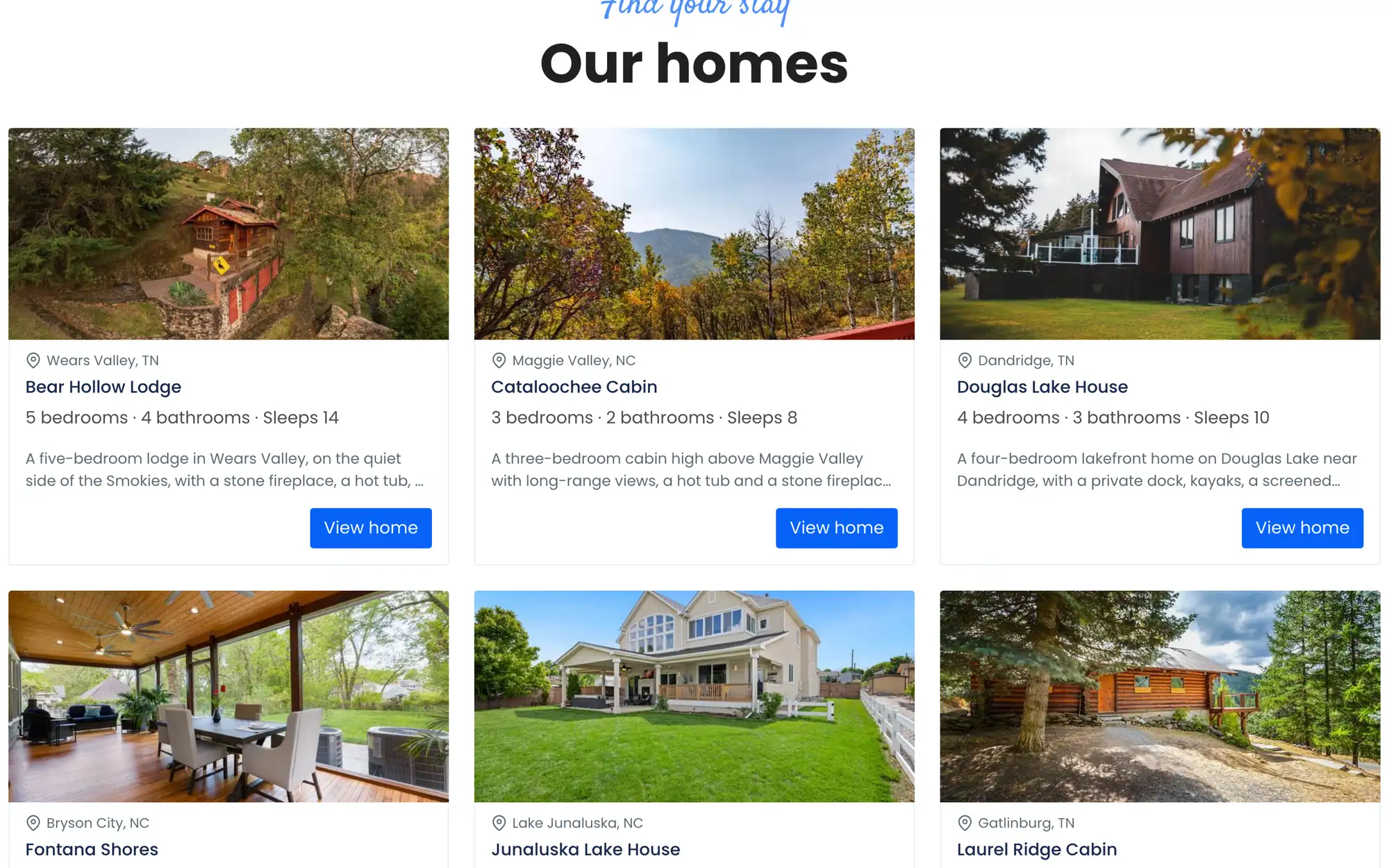 Hollow & Ridge Mountain Homes: tarjetas de casas con recámaras, baños y para cuántas personas es cada una