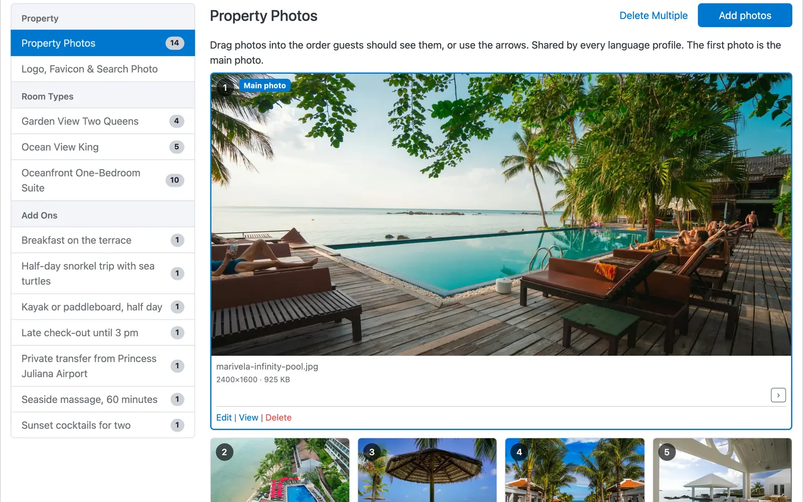 El administrador de fotos de ChannelRUSH para Marivela Beach Resort: destinos de fotos con su conteo, la foto principal y su tamaño en píxeles y en archivo