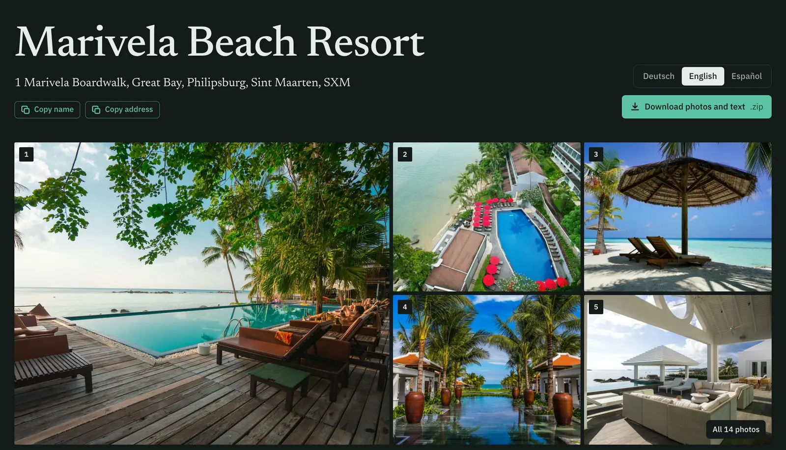 La página de contenido público de Marivela Beach Resort: copiar nombre y dirección, selector de idioma, descarga en ZIP y las mismas fotos en el mismo orden