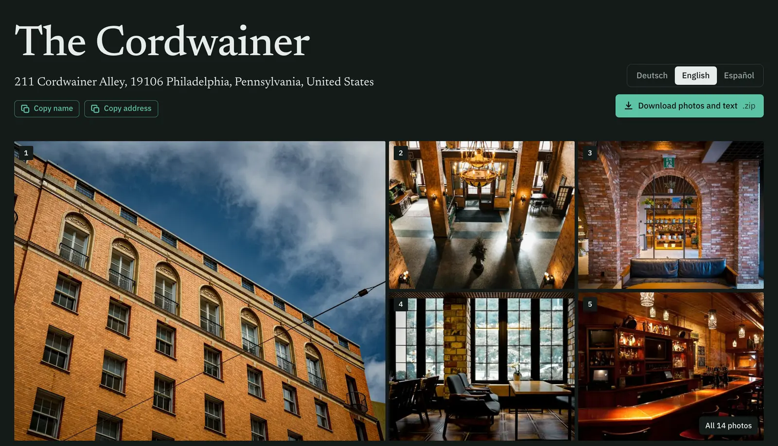 La página de contenido público de The Cordwainer: nombre y dirección con botones Copiar, selector de idioma, descarga en ZIP y un mosaico de fotos numerado
