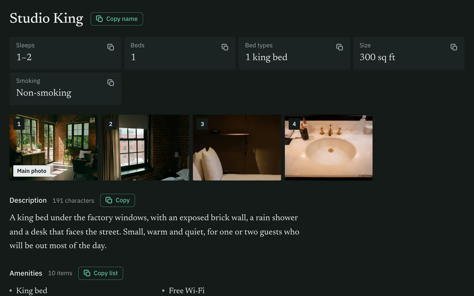 La habitación Studio King en la página de contenido público: ocupación, camas, tipo de cama y tamaño, fotos con la principal marcada y una descripción de 191 caracteres con botón Copiar