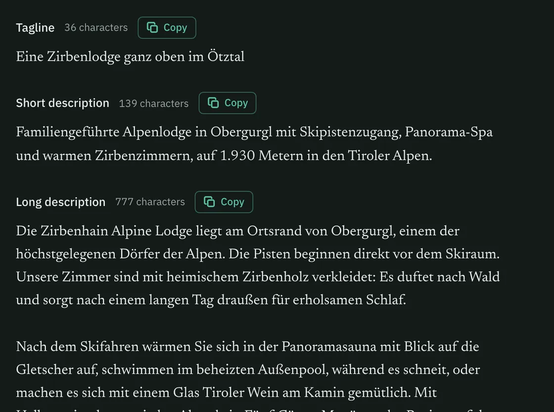 El perfil en alemán de Zirbenhain Alpine Lodge: eslogan, descripción corta y larga, cada una con conteo de caracteres y botón Copiar