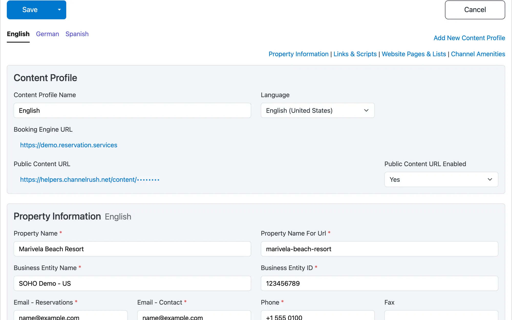 Configuración de contenido de Marivela Beach Resort: perfiles en inglés, alemán y español, el idioma del perfil y su enlace de contenido público